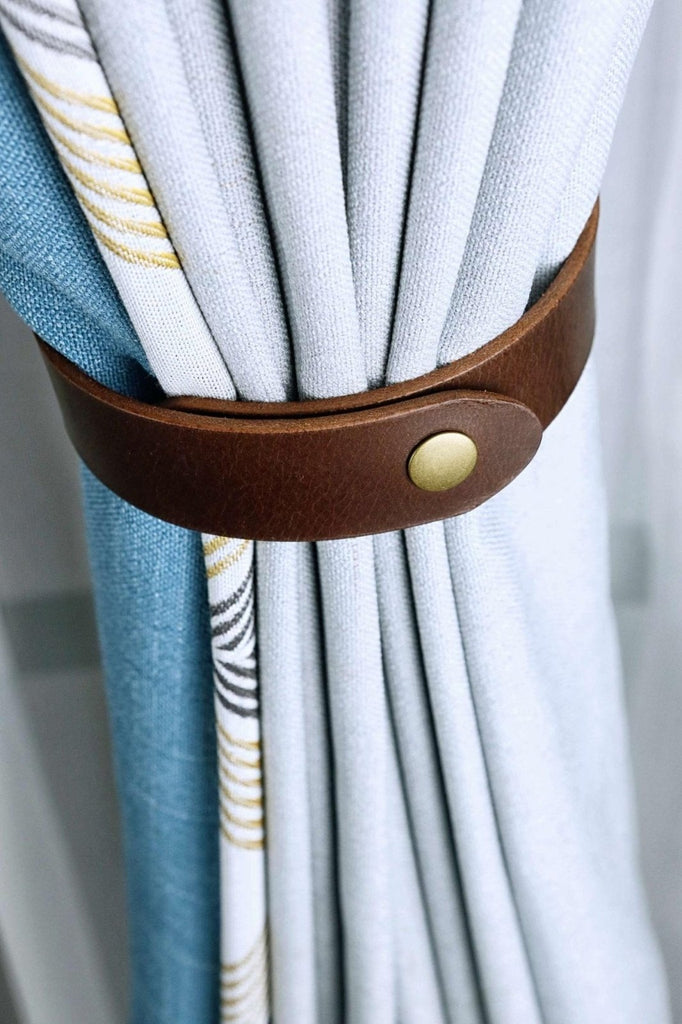 Brown full grain leather curtain ties tiebacks