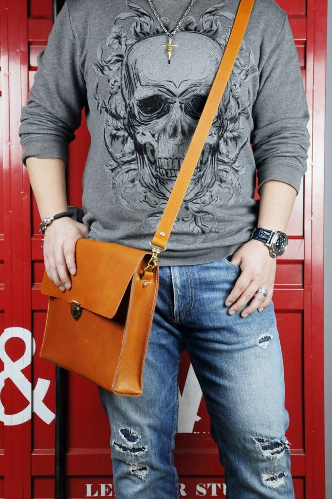 Personalized brown black vegetable tanned leather briefcase shoulder bag