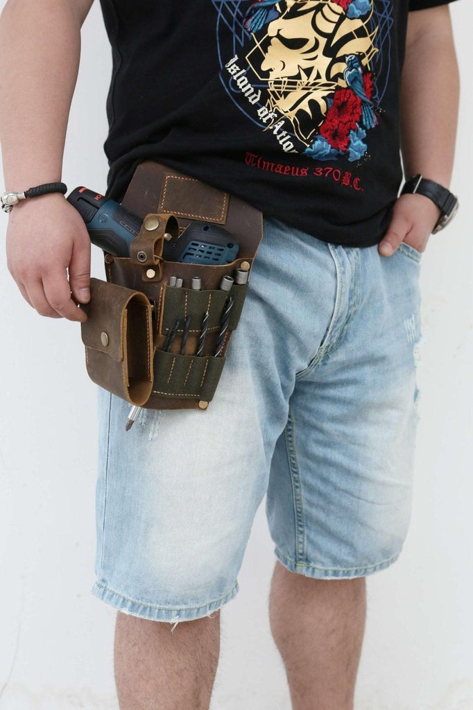 Personalized rustic genuine leather cordless compact drill holder for tool belt