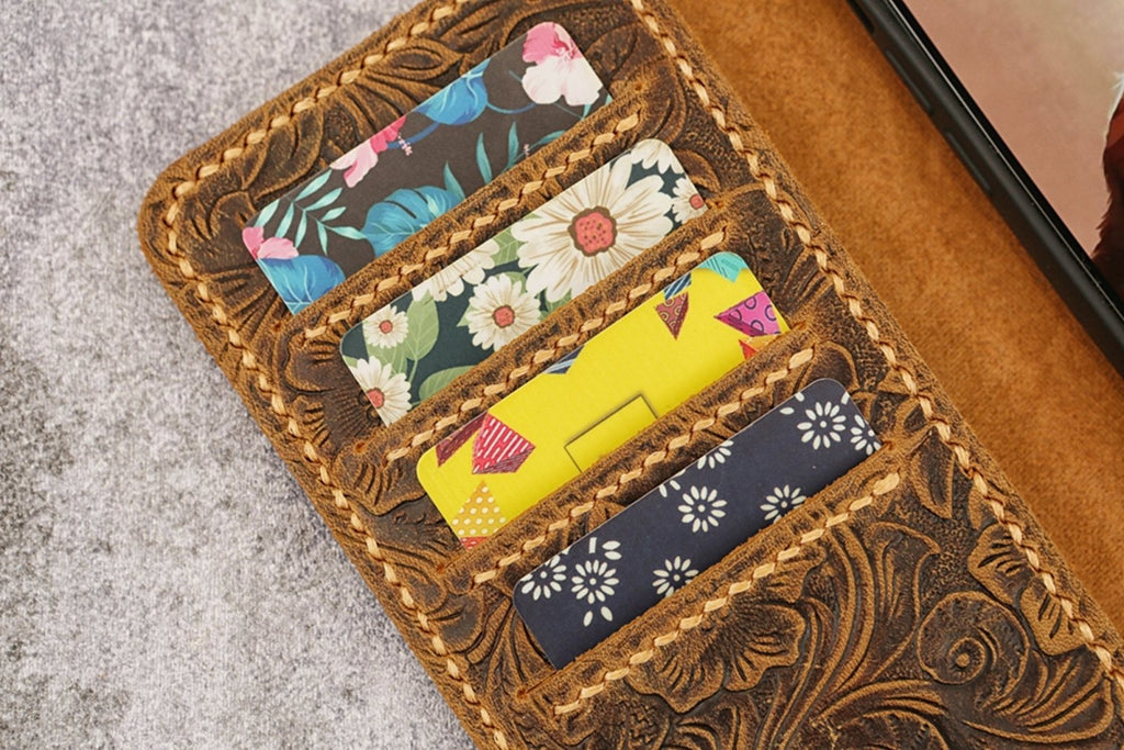 Women embossing leather iPhone 14 13 12 pro wallet case iPhone 13 12 mini wallet tooled leather iPhone X XS Max wallet case cover