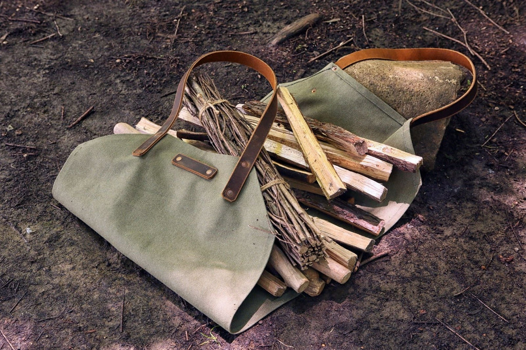 Large leather canvas wood carrying bag Waxed canvas log carrier