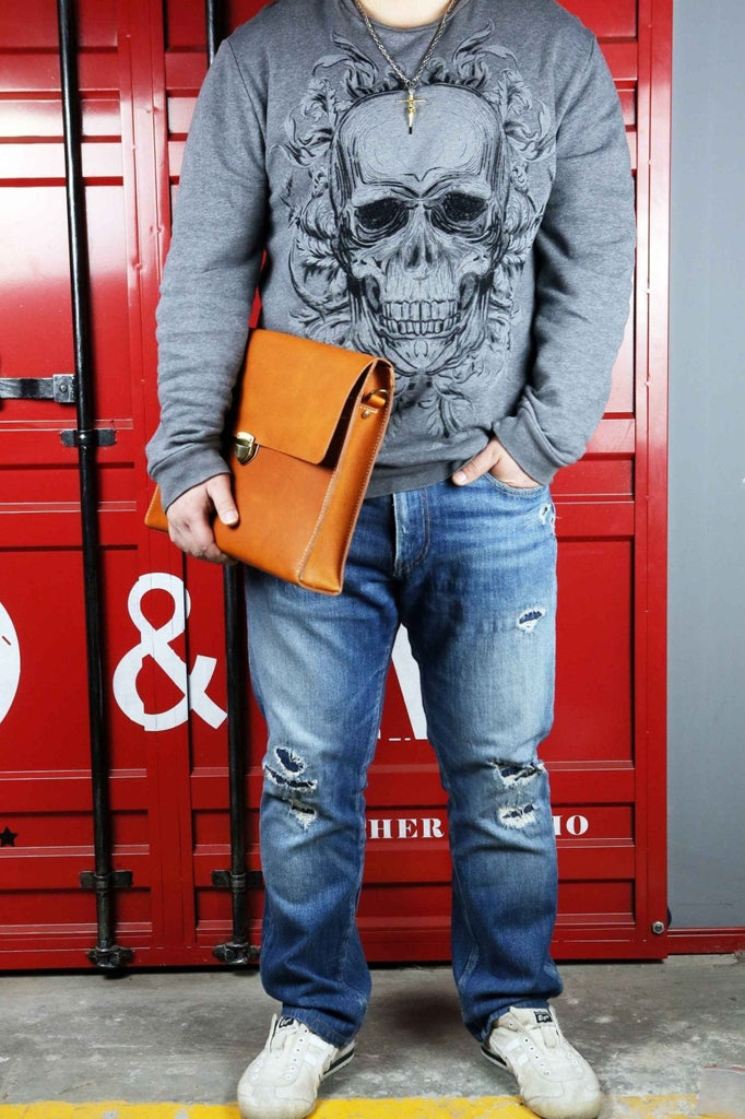 Personalized brown black vegetable tanned leather briefcase shoulder bag