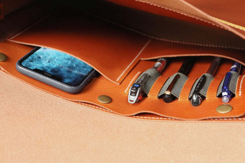 Personalized brown black vegetable tanned leather briefcase shoulder bag