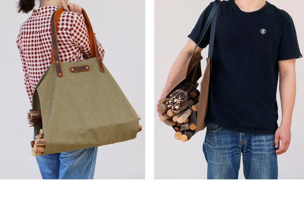 Large leather canvas wood carrying bag Waxed canvas log carrier