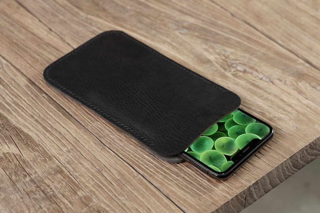 Personalized full grain leather iPhone 13 mini 12 Pro Max phone sleeve case