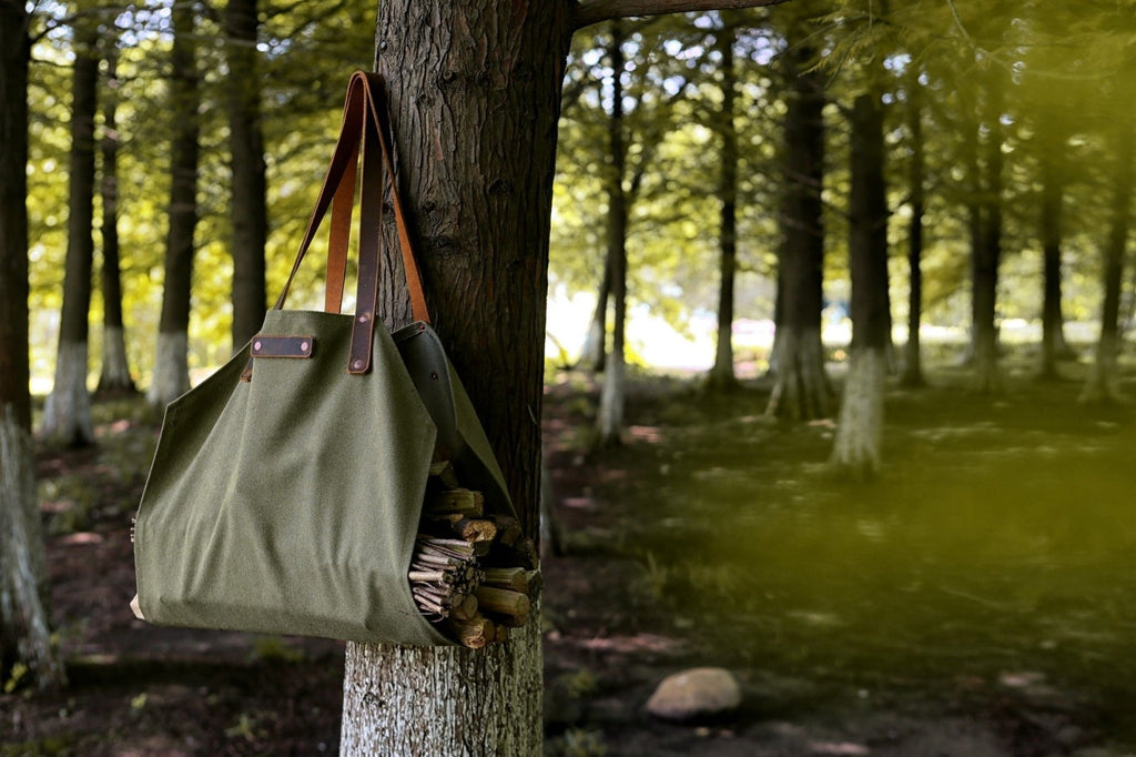 Large leather canvas wood carrying bag Waxed canvas log carrier
