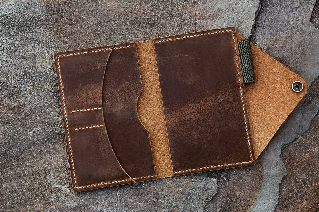 distressed leather field notes cover with pen holder