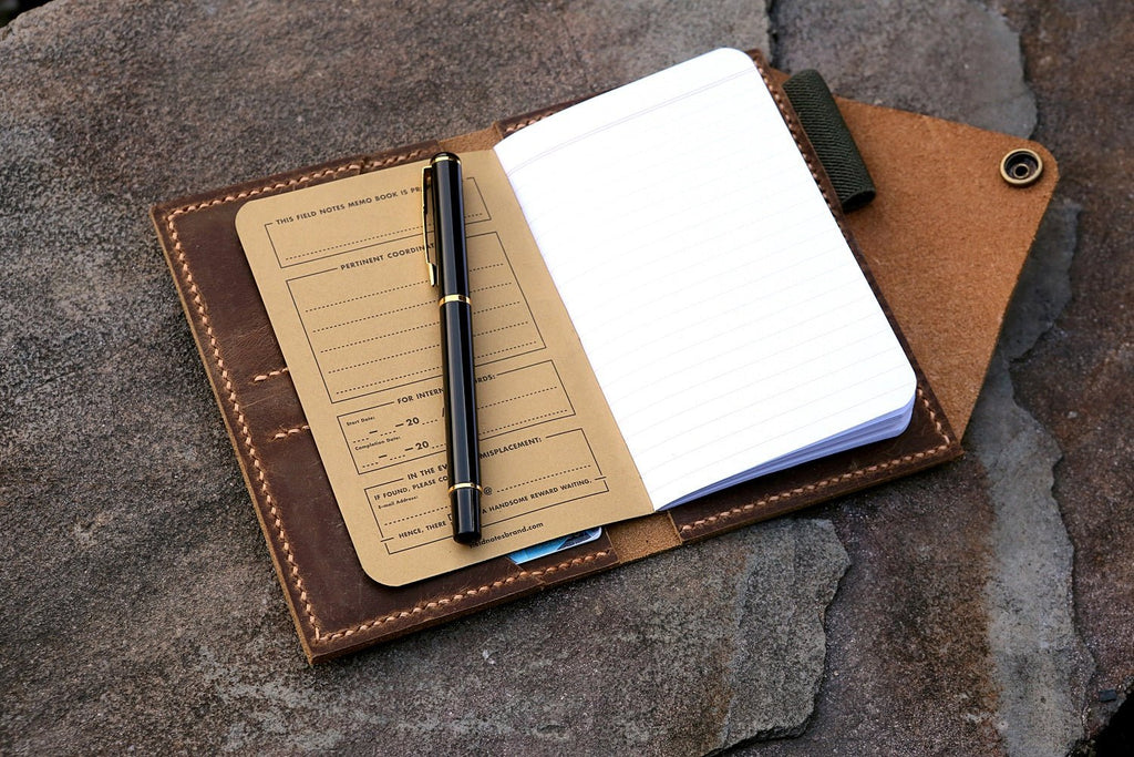 distressed leather field notes cover with pen holder