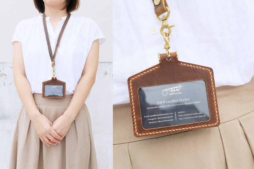 Full grain leather id badge holder with lanyard