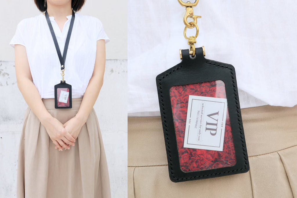 Full grain leather id badge holder with lanyard