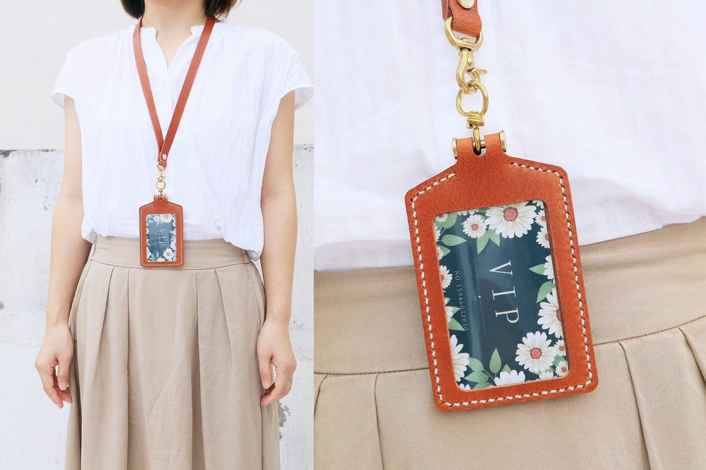 Full grain leather id badge holder with lanyard