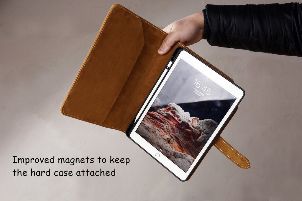 Hand stitched full grain leather iPad Pro Air case cover with pencil holder