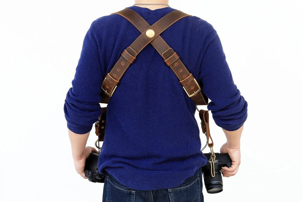 Leather dual double camera harness strap for two camera