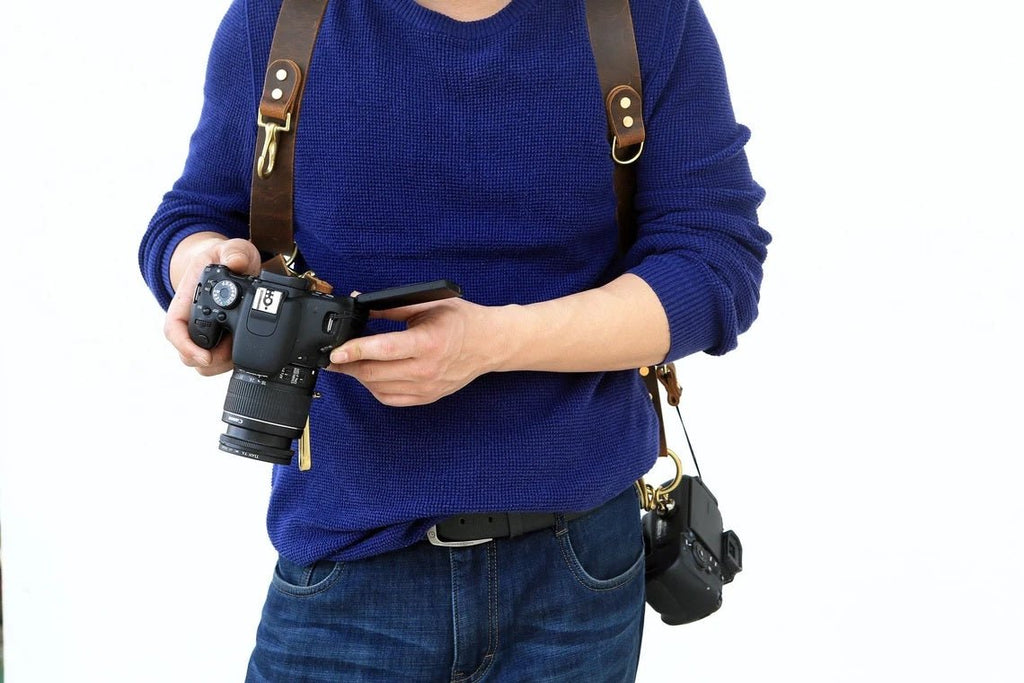 Leather dual double camera harness strap for two camera