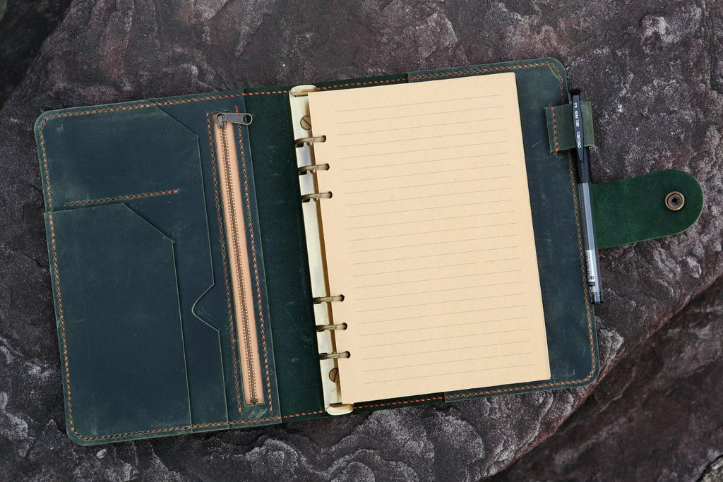 Personalized A5 green distressed leather binder