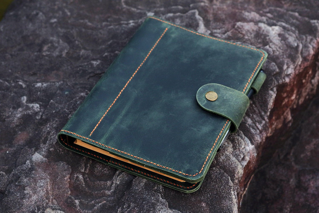 Personalized A5 green distressed leather binder