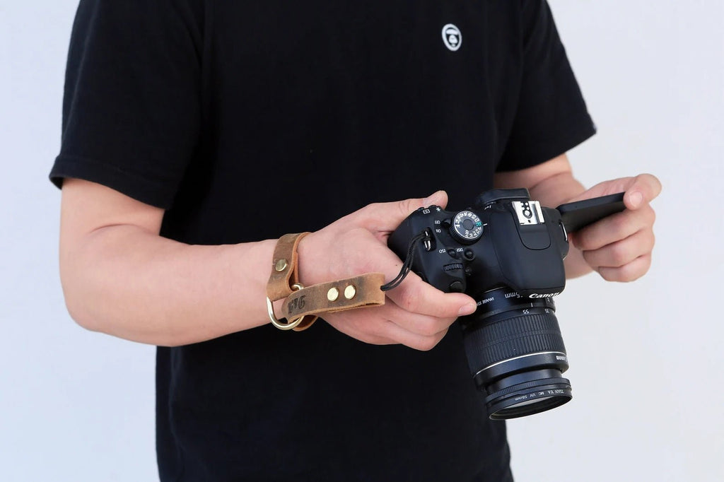 Personalized Black Brown leather camera Wrist Strap
