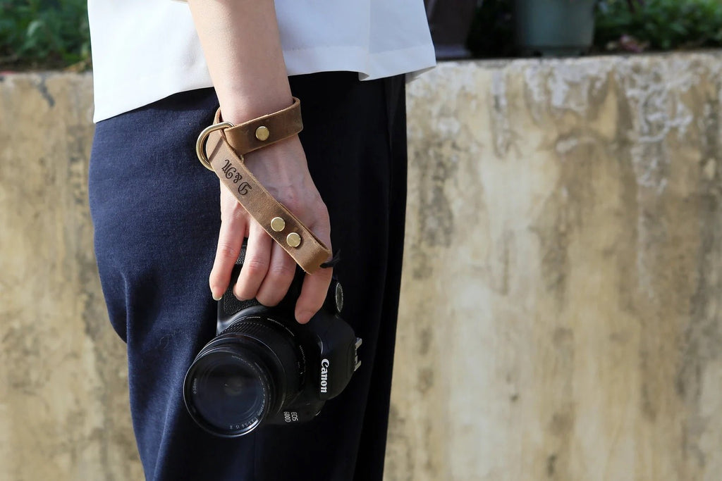Personalized Black Brown leather camera Wrist Strap
