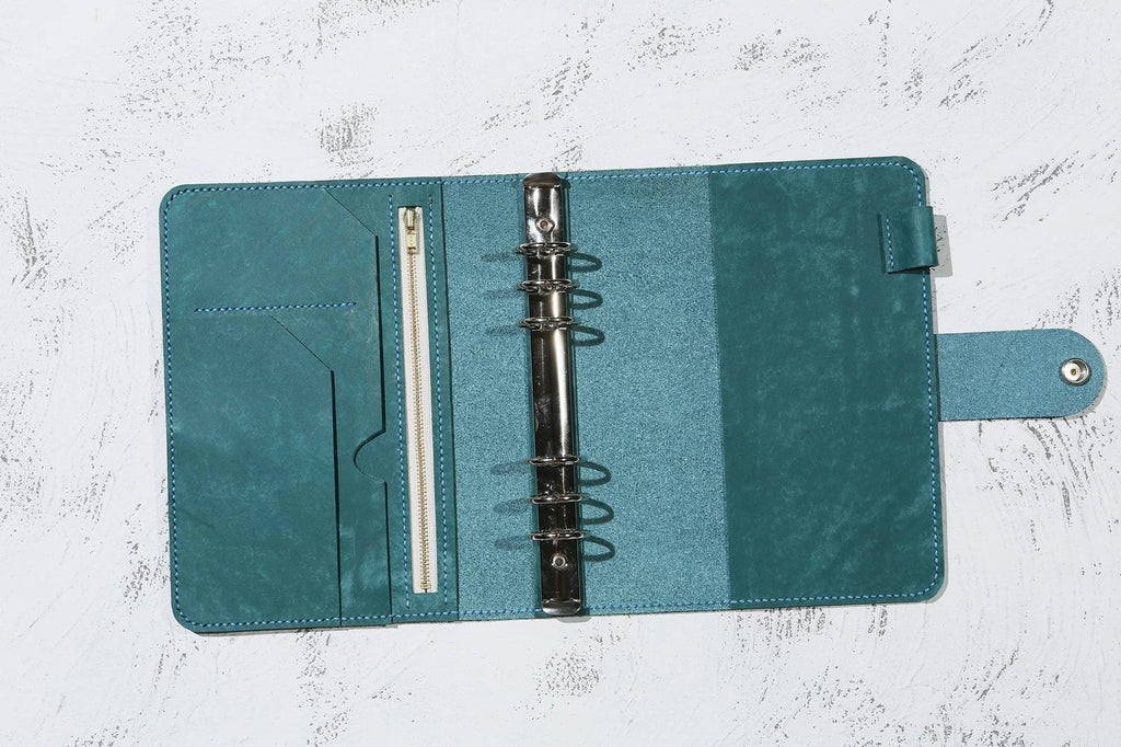 Personalized Blue leather notebook journal, veg tan leather binder planner