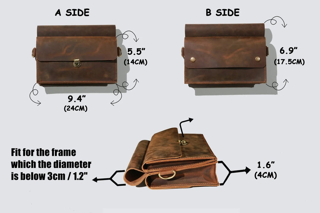 Personalized brown leather bike bicycle frame bag