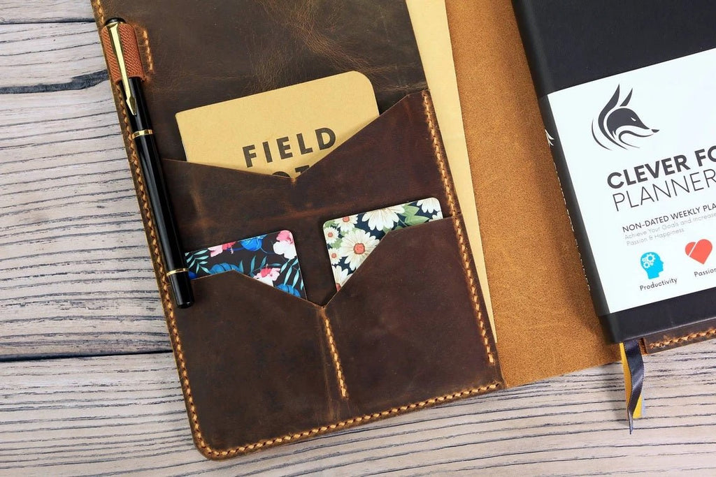 Personalized distressed leather cover organizer for Clever Fox Planner A5 size