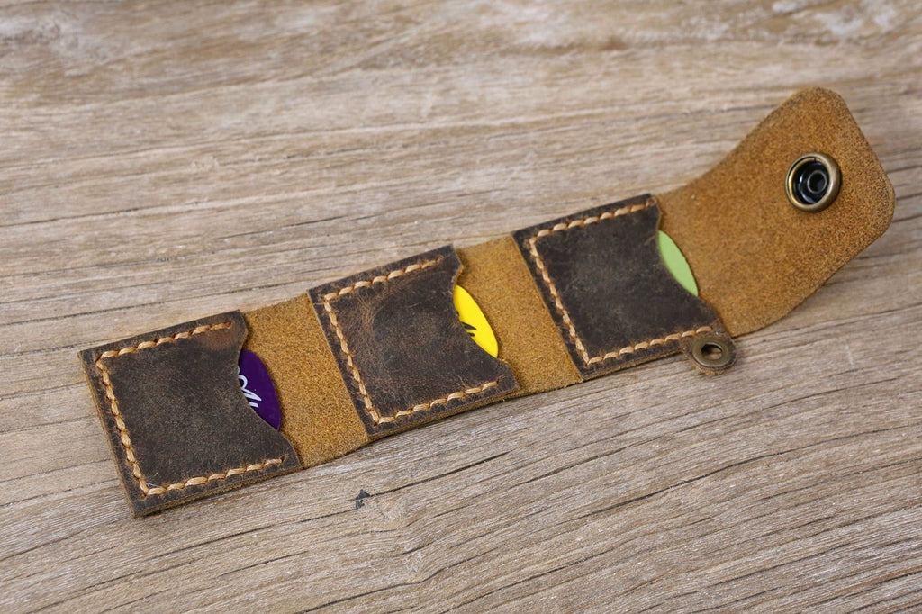 Personalized distressed leather guitar pick holder case
