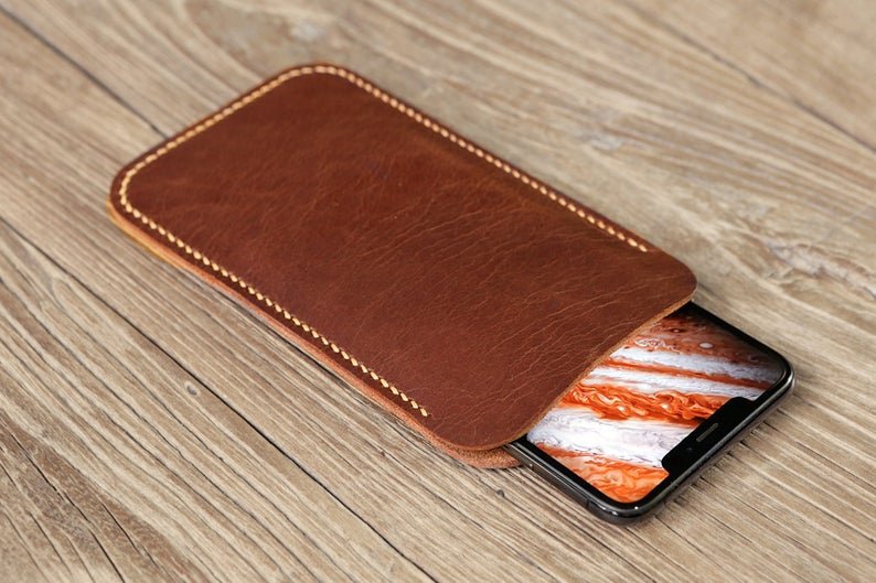 Personalized full grain leather iPhone 13 mini 12 Pro Max phone sleeve case