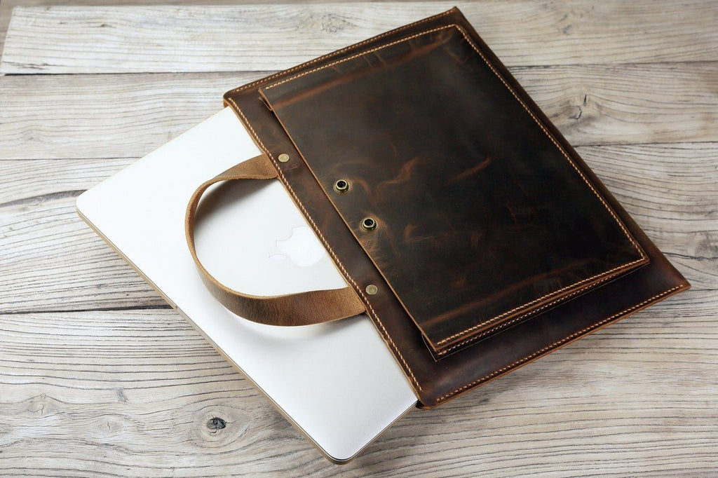 Personalized Hand stitched leather slim small laptop bag