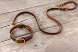 Personalized heavy duty leather dog collar and leash set