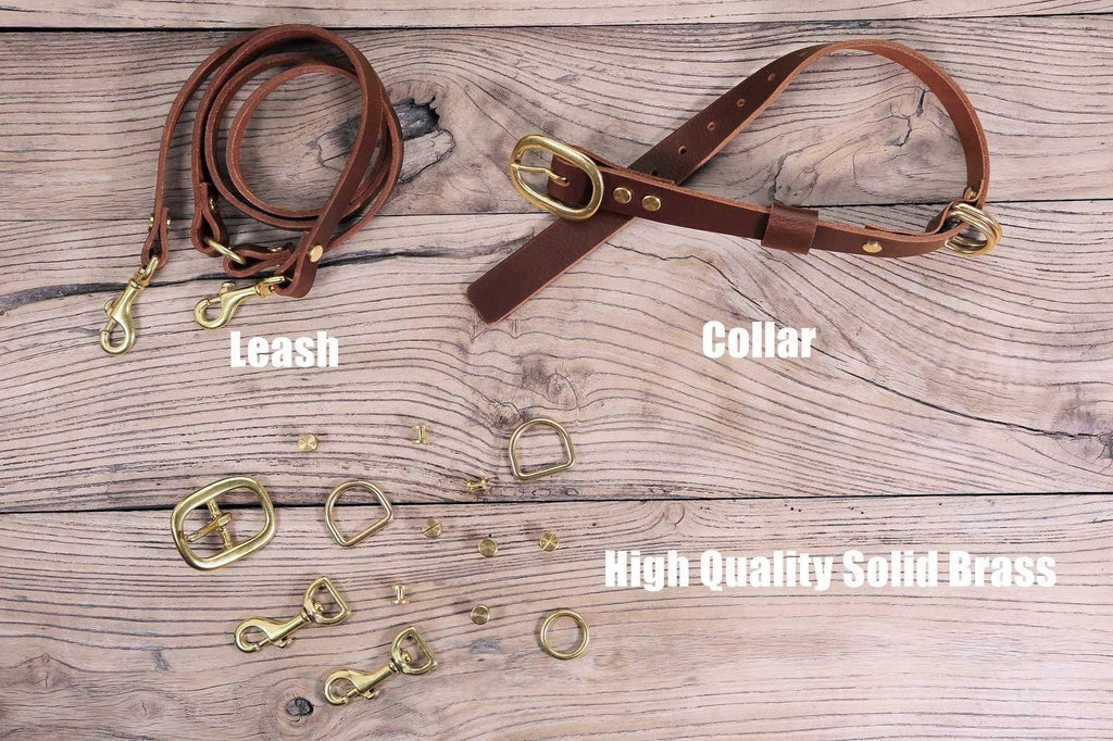 Personalized heavy duty leather dog collar and leash set