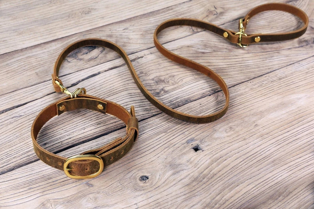 Personalized heavy duty leather large dog collar and leash set with name