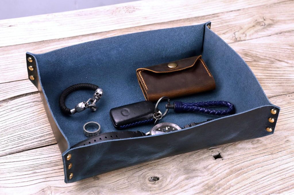 Personalized large Black gray leather tray