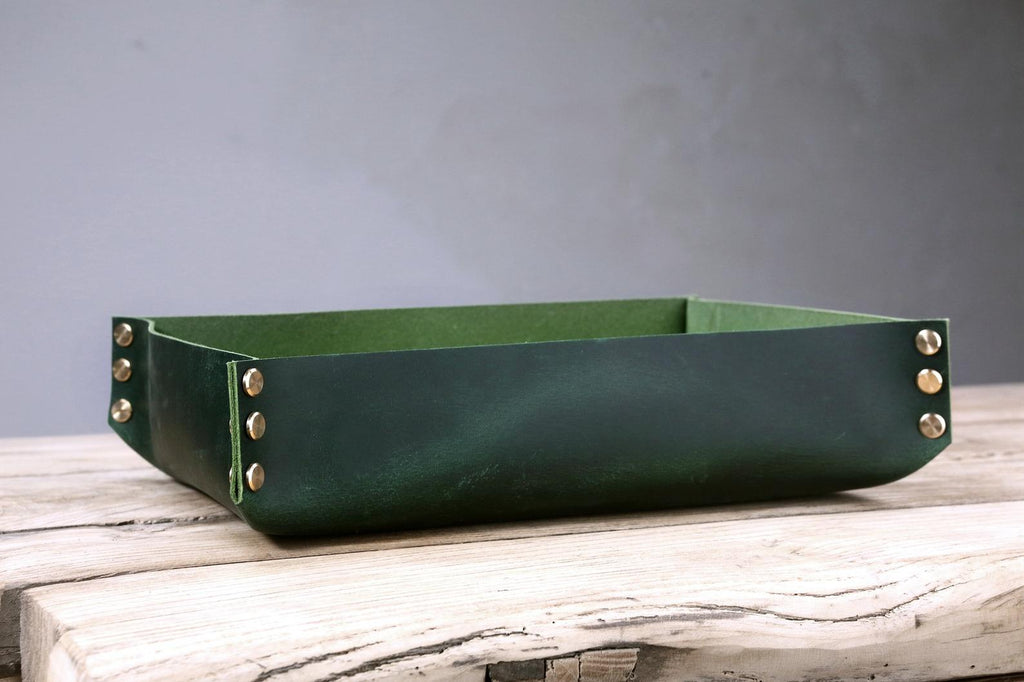 Personalized large Black gray leather tray