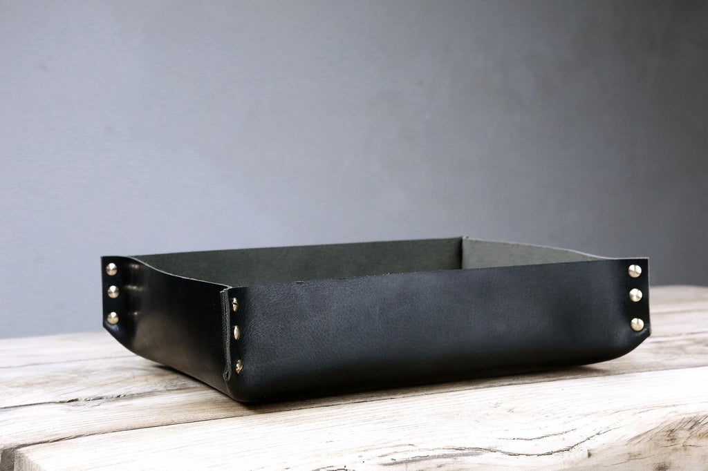 Personalized large Black gray leather tray