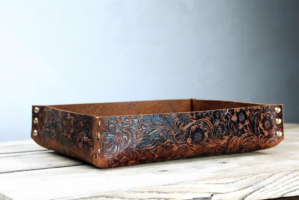 Personalized large Black gray leather tray