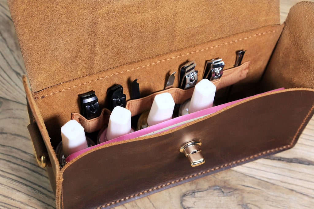 Personalized leather nail polish organizer bag