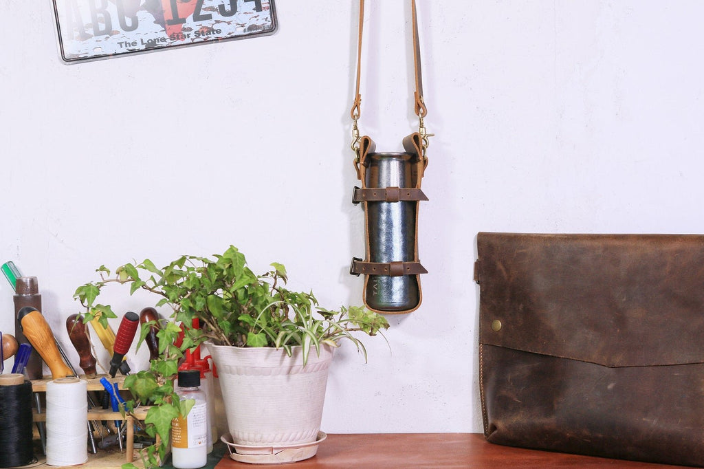 Personalized leather water bottle carrier holder for walking