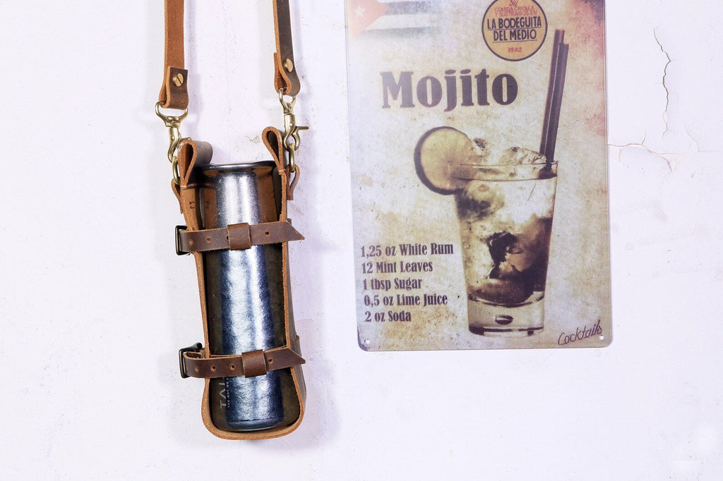 Personalized leather water bottle carrier holder for walking