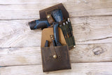Personalized rustic genuine leather cordless compact drill holder for tool belt