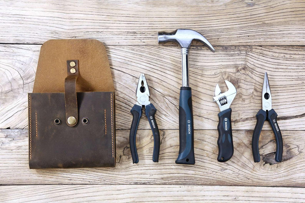 Personalized rustic genuine leather cordless compact drill holder for tool belt