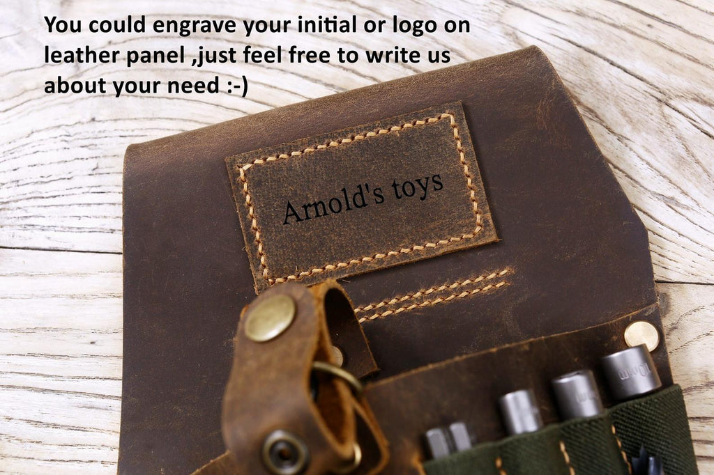 Personalized rustic genuine leather cordless compact drill holder for tool belt