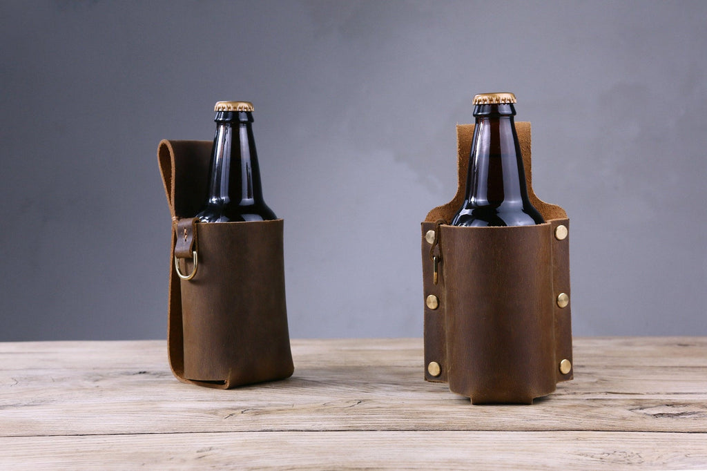 Personalized thick full grain leather beer holster