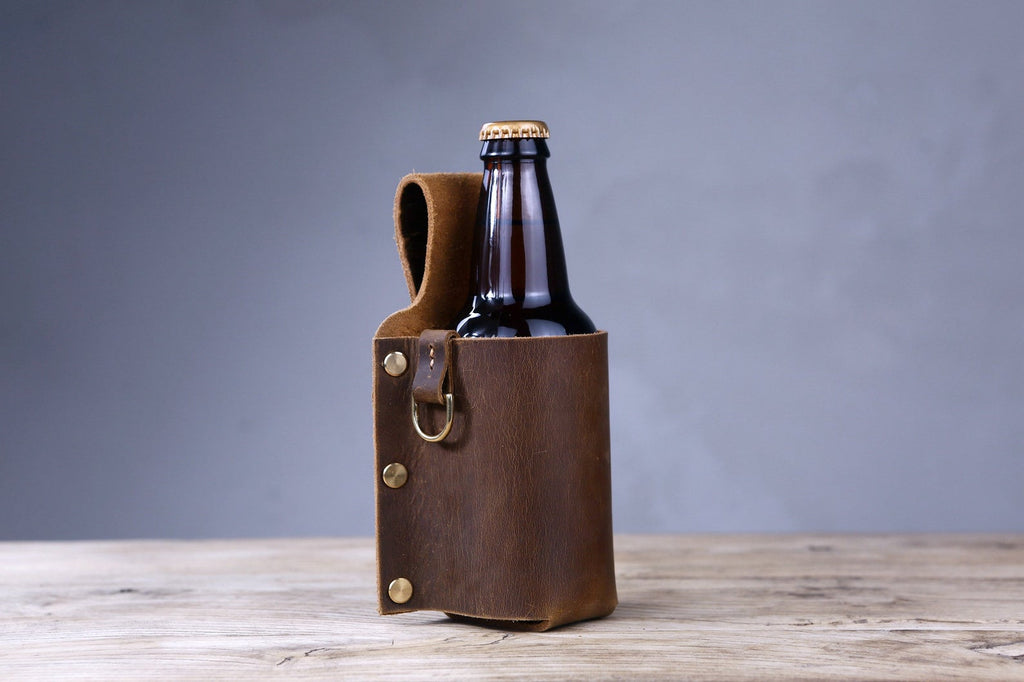 Personalized thick full grain leather beer holster