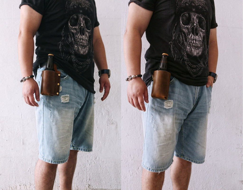 Personalized thick full grain leather beer holster