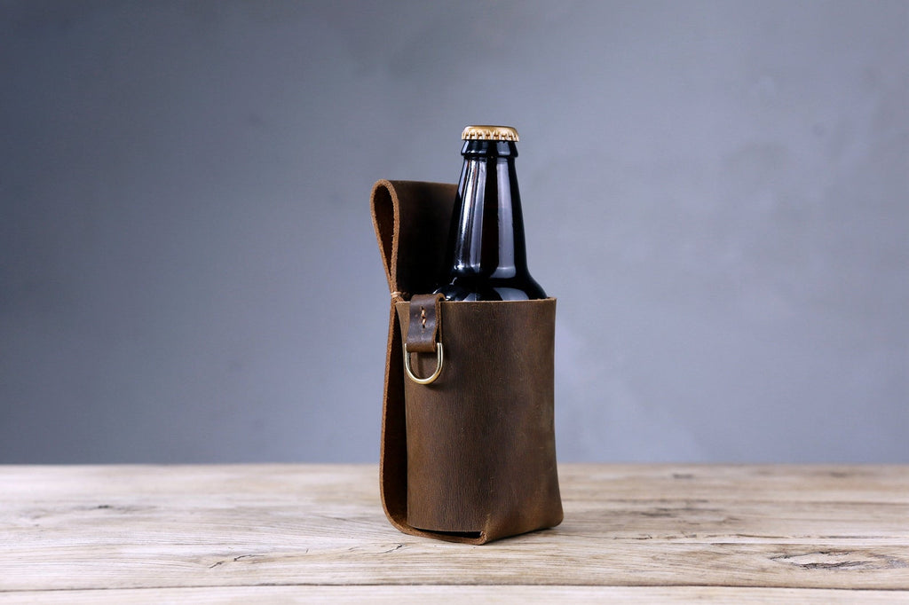 Personalized thick full grain leather beer holster