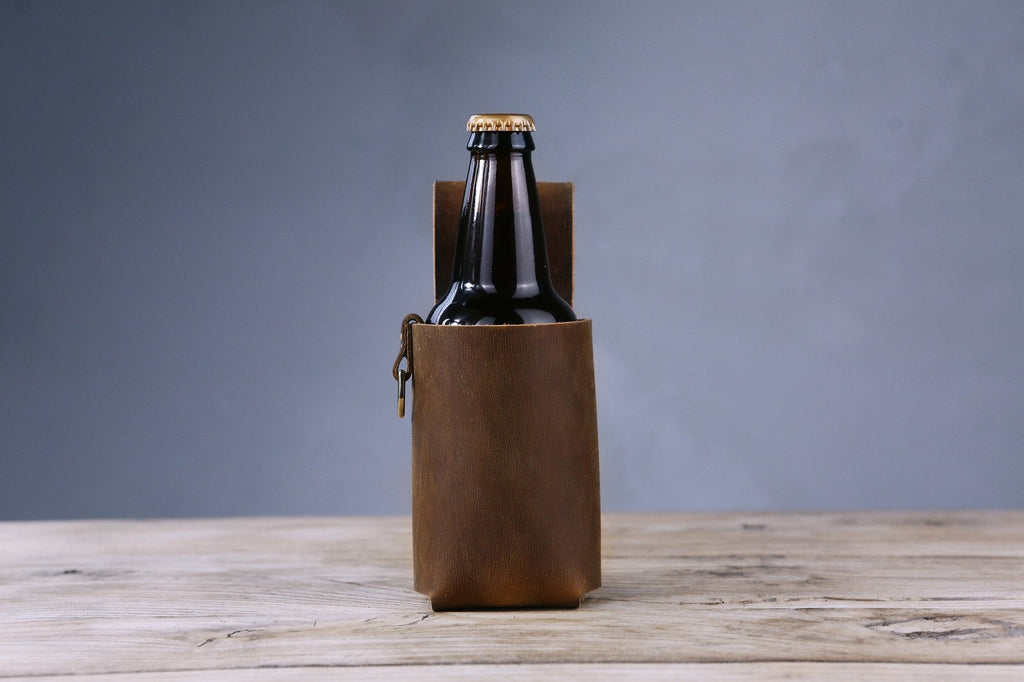 Personalized thick full grain leather beer holster