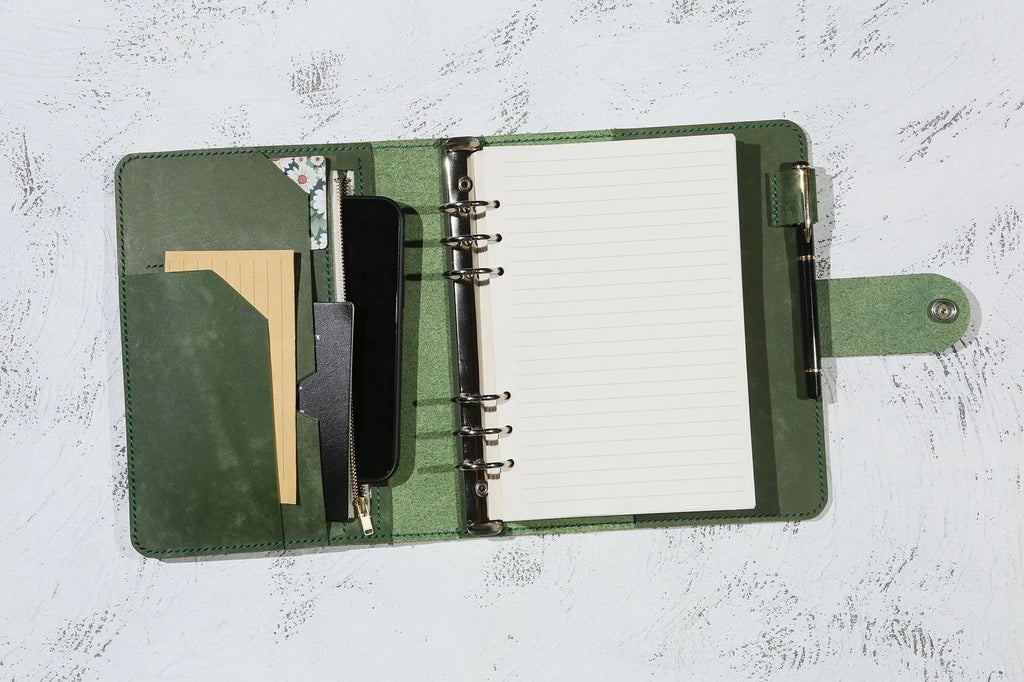 Retro Green leather notebook, refillable leather binder journal