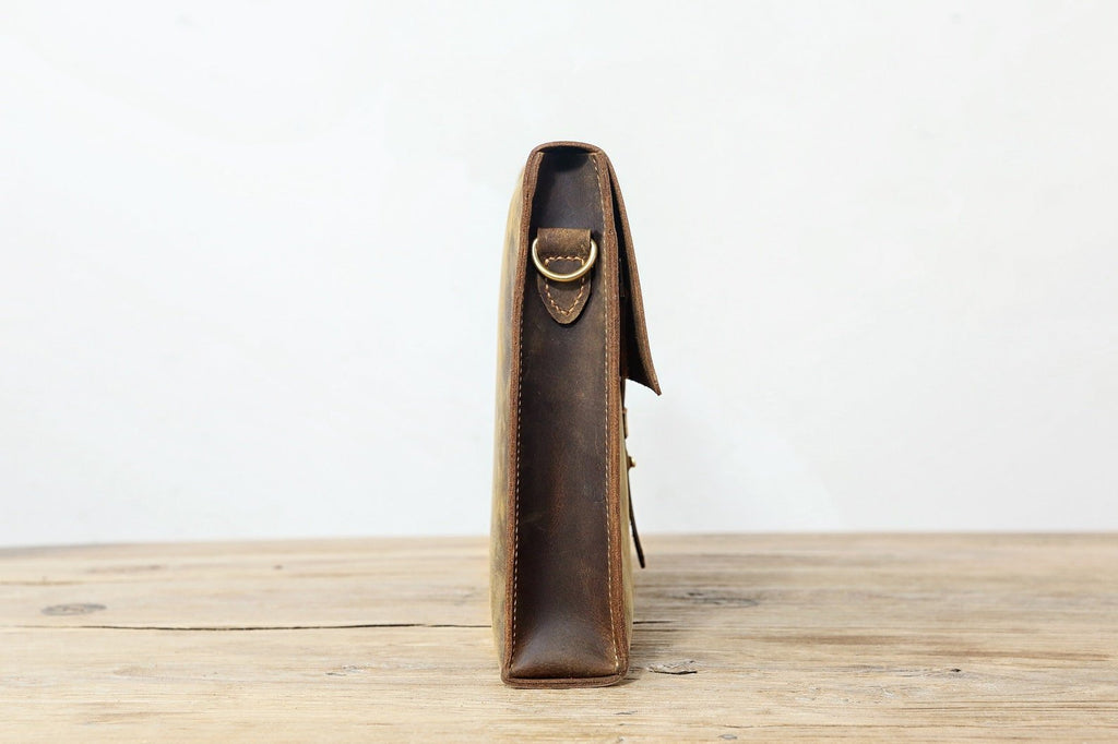 Rustic distressed brown leather shoulder messenger bag