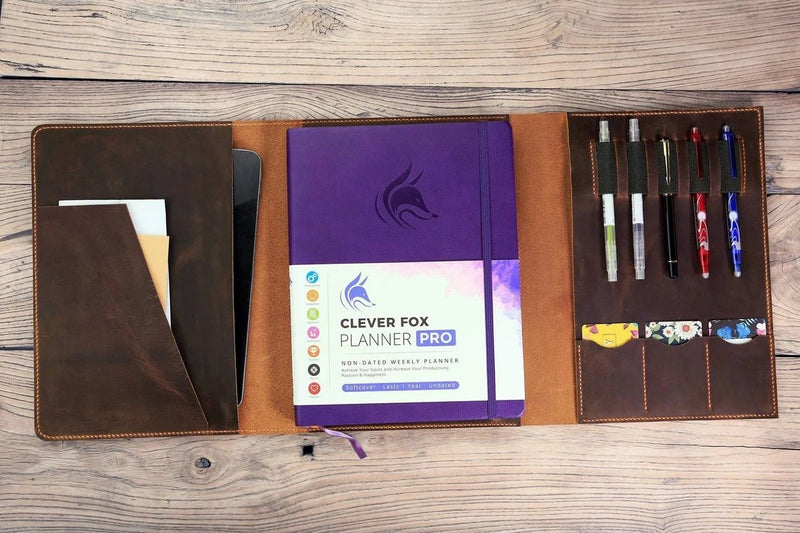Personalized leather folio organizer cover for Clever Fox Planner 8.5 x 11 , leather trifold folder for Rocketbook Fusion Letter size