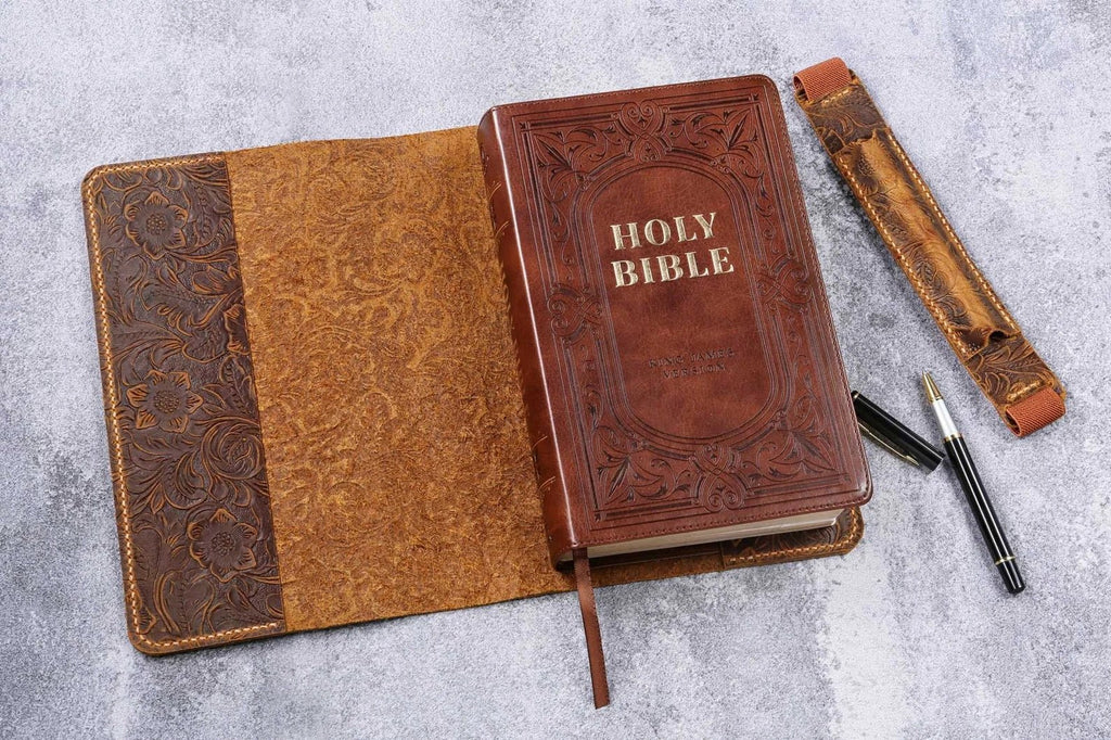 Tooled embossing leather cover case for holy bible KJV , Custom christian gifts for women mother